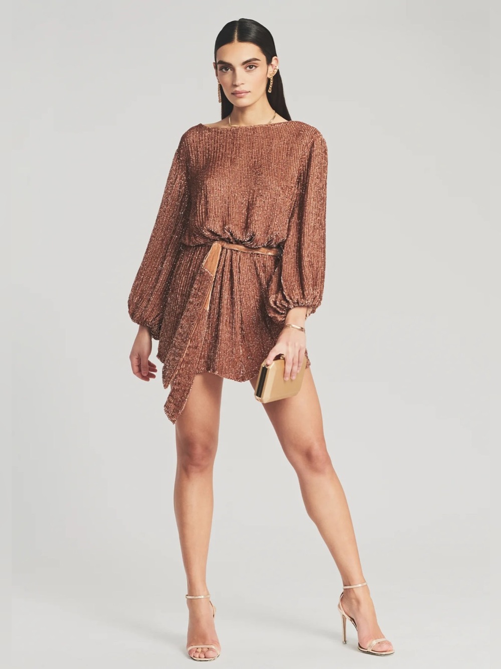 RETROFETE “Grace” Metallic Copper Long-Sleeve Belted Mini Dress NWOT Smal